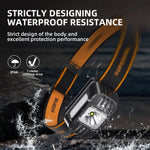 lampe frontale rechargeable led mini haute puissance noir orange rayures horizontales moderne fonctionnel ceinture