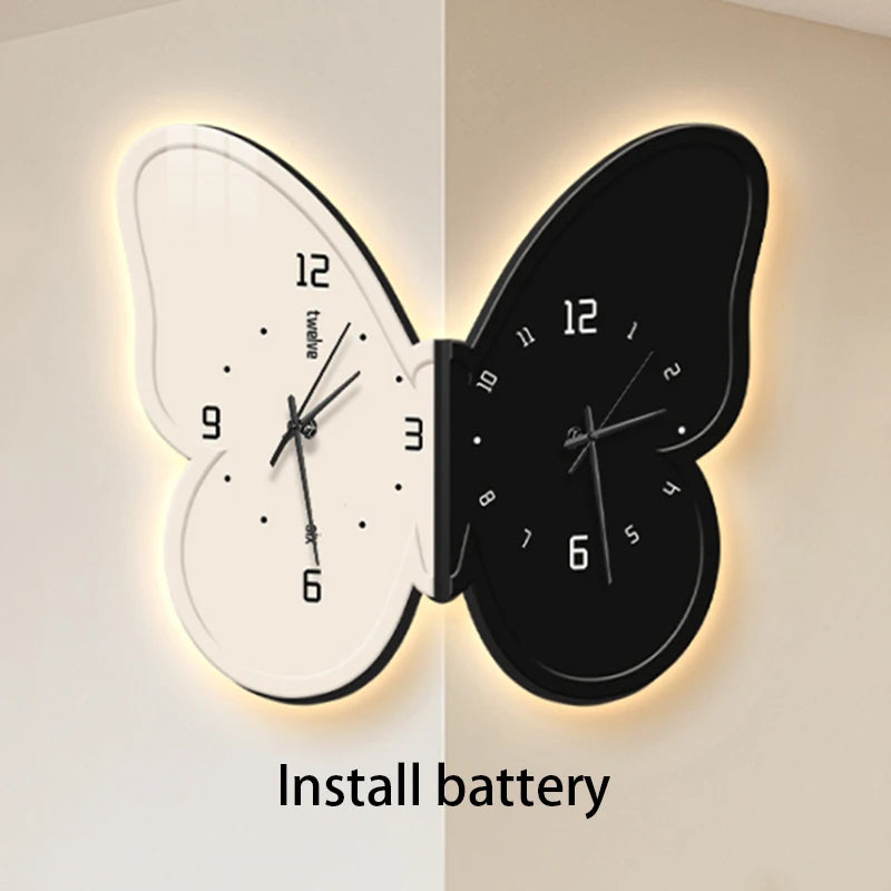 horloge murale moderne aiguille lumineuse papillon noir blanc salon résine