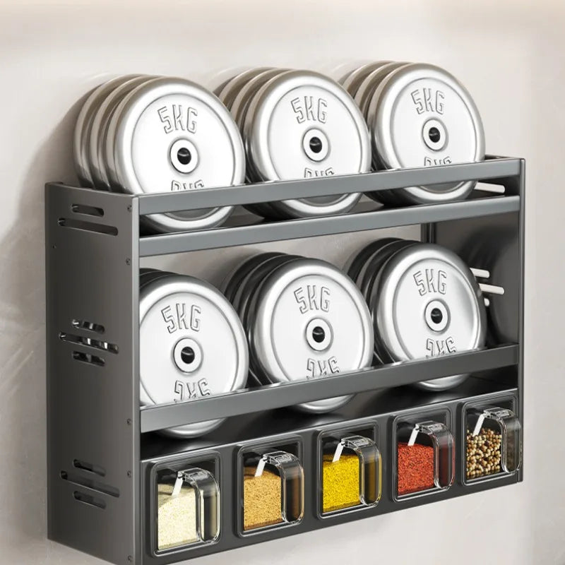 étagère murale transparente moderne pots condiments disques poids noir bleu pratique