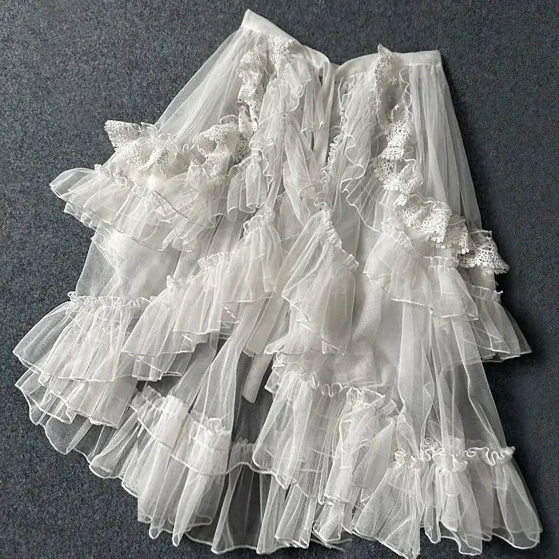 jupe femme lolita blanche dentelle volants superposés vintage romantique ceinture nouer taille ajustable