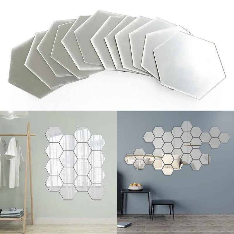 miroir hexagonal acrylique adhésif mural décoratif mosaïque brillant argenté doré gris clair moderne