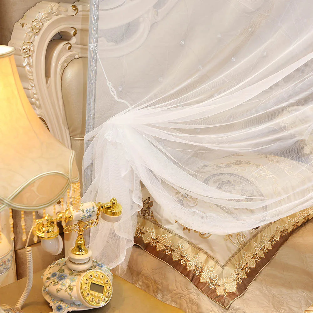 rideau lit blanc dentelle broderie dorée classique romantique transparent facile installer lavable machine