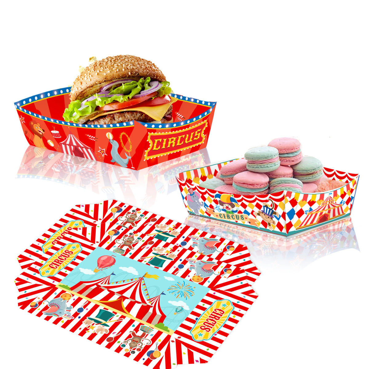 plateaux repas fête anniversaire enfants boîtes papier rouge blanc bleu vert jaune motifs cirque