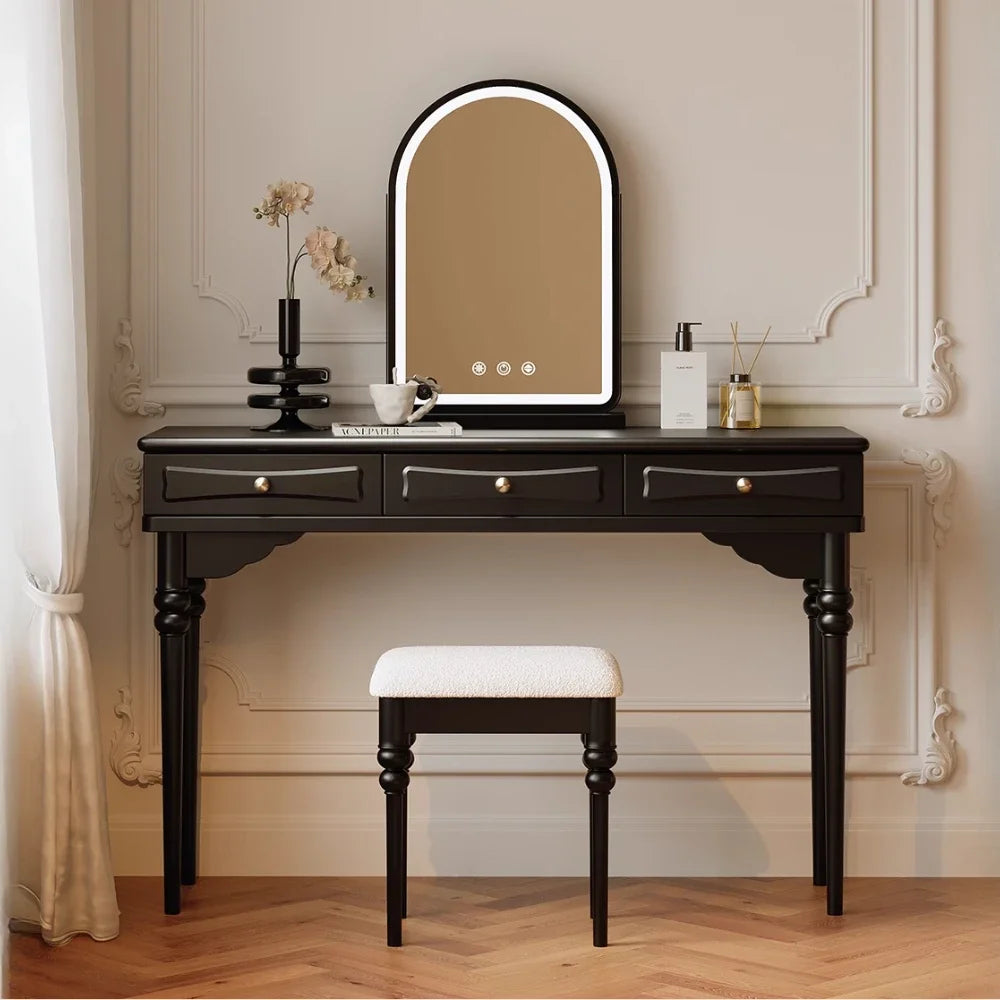 maquillage noir classique tiroirs accessoires tabouret miroir ovale chambre coucher minimaliste moderne