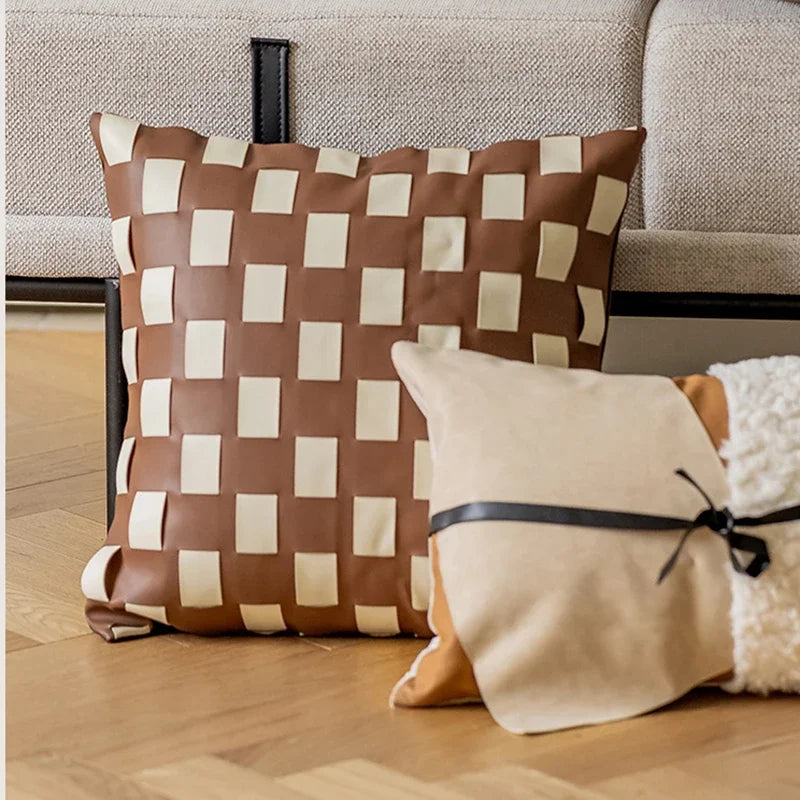 coussin patchwork marron carré moderne 45x45cm amovible lavable decoration maison
