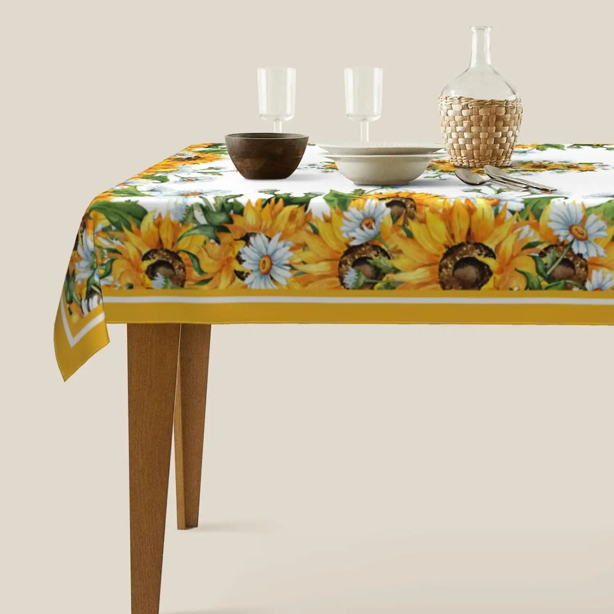 nappe rectangulaire fleurs tournesols printemps réutilisable polyester moderne table manger blanc jaune vert bleu