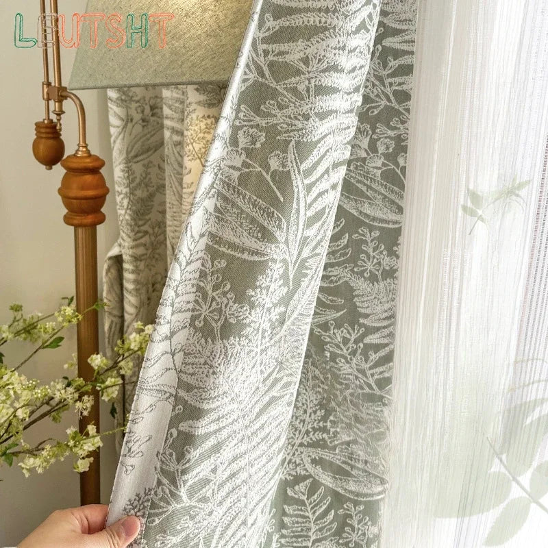 rideau épais vert clair gris motif fleurs feuilles salon chambre classique romantique moderne