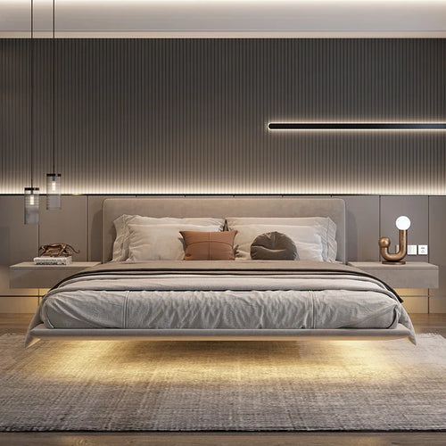 lit moderne gris tissu uni bois carré chambre coucher oreillers coussins draps minimaliste assemblage