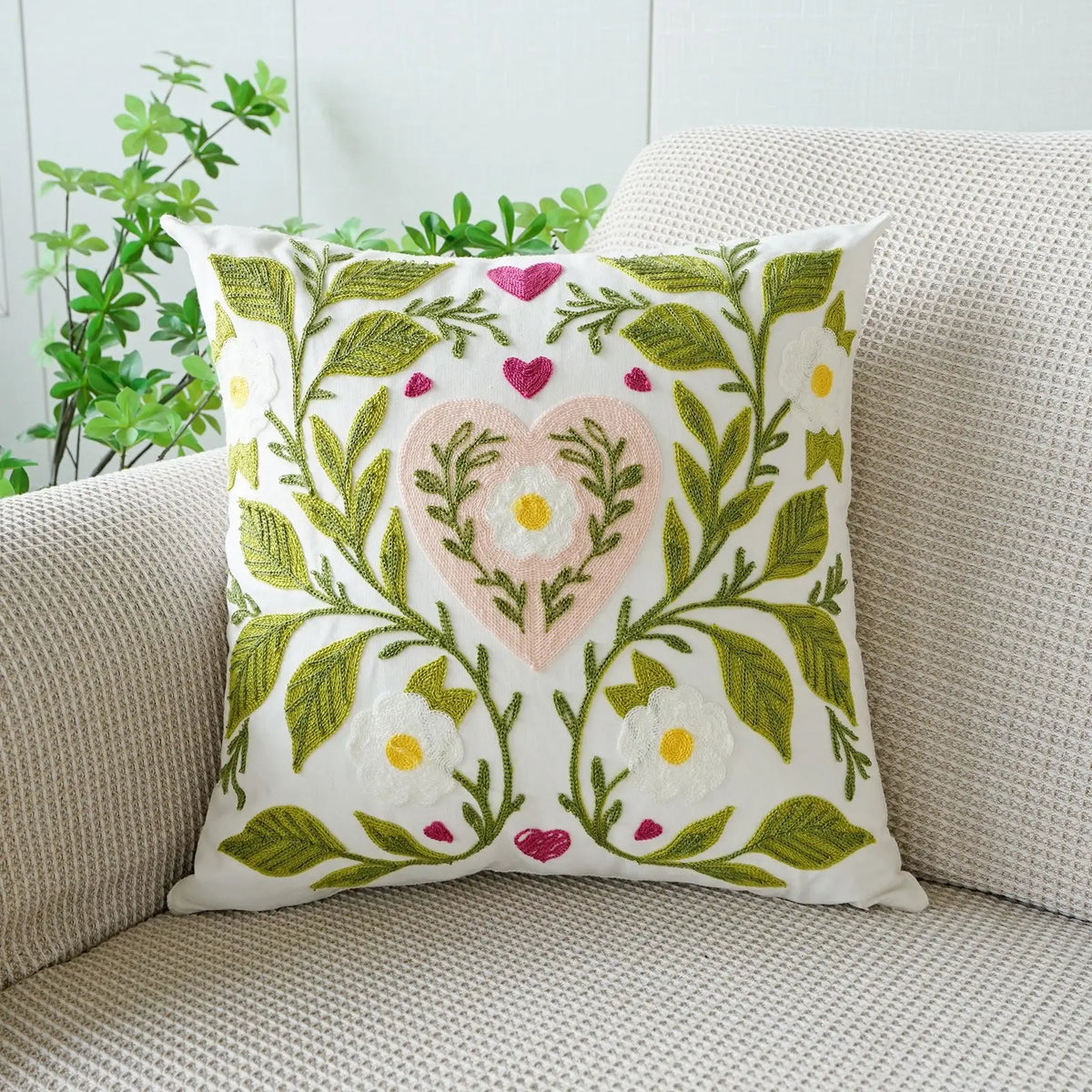 taies d'oreiller jacquard brodé fleurs cœurs LOVE divers couleurs décoration intérieure romantique printemps