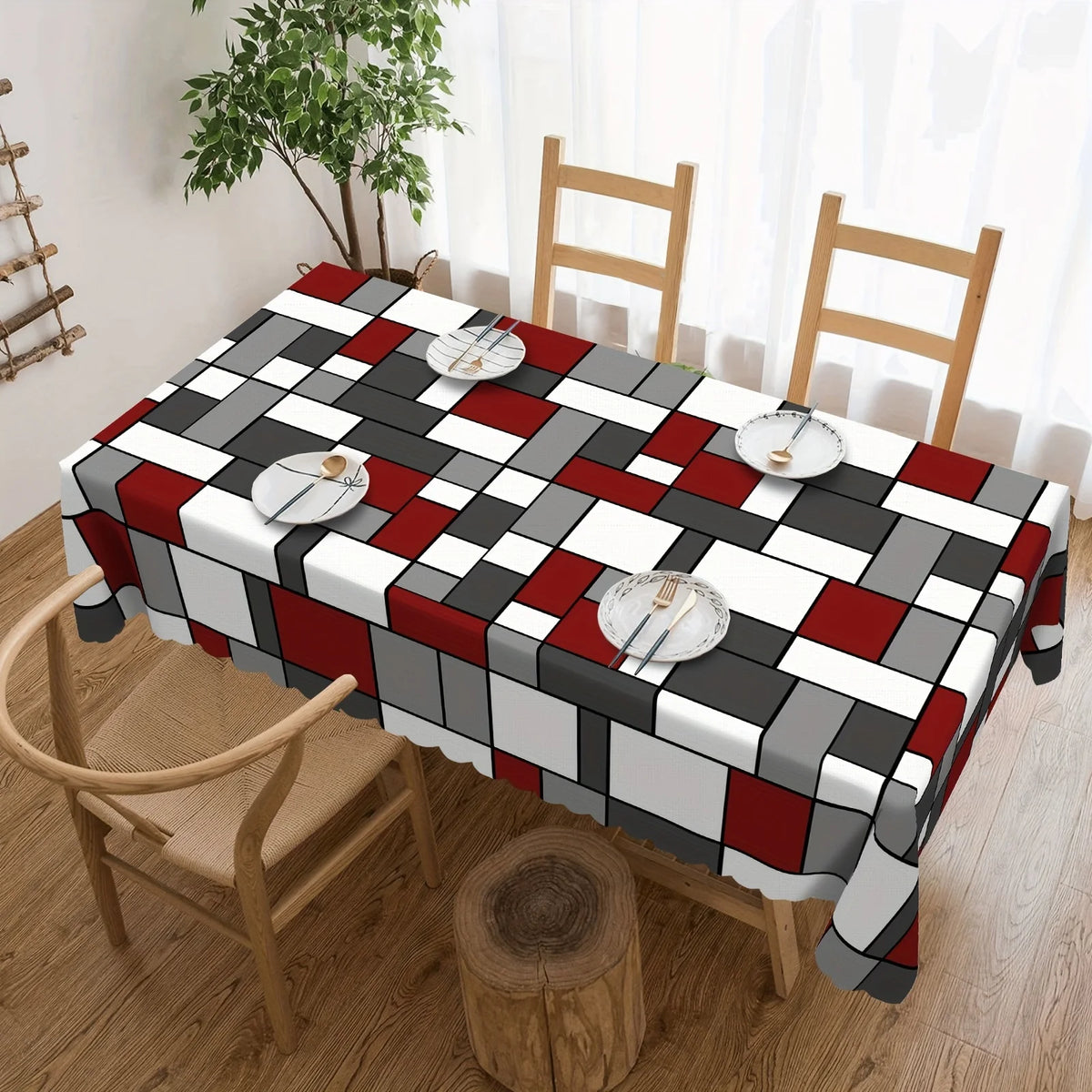 nappe table géométrique rouge gris blanche moderne polyester réutilisable 140x180cm