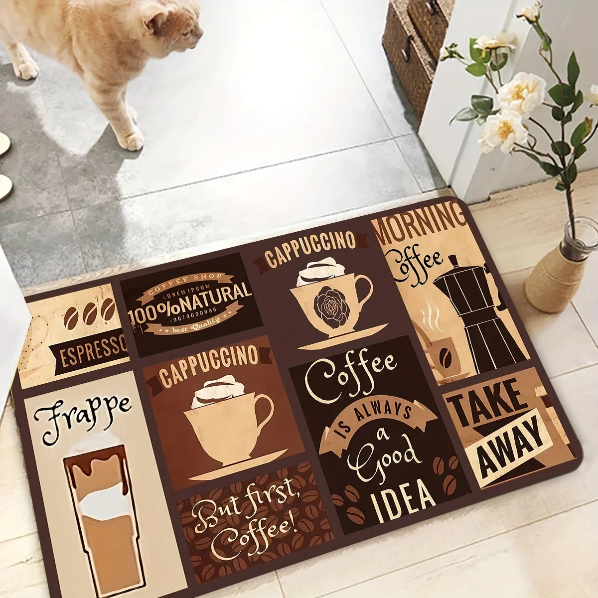 tapis coffee time thème moderne marron beige blanc salon chambre