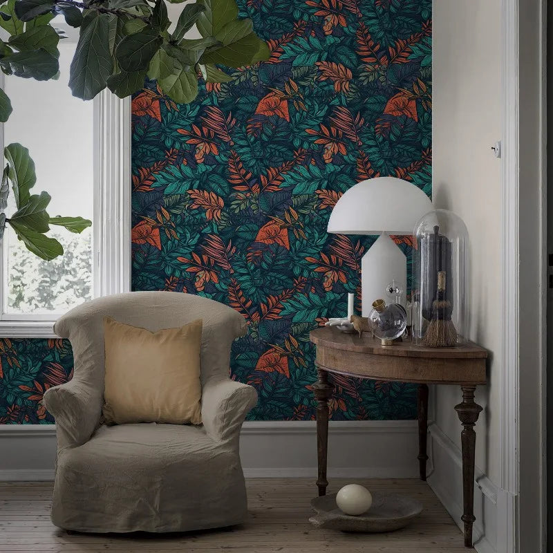 papier peint auto adhésif floral moderne feuilles fleurs vert foncé imperméable résistant l'eau respectueux