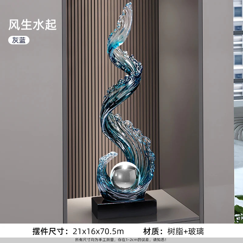 sculpture résine bleue vague moderne décoration intérieure entrée salon cadeau anniversaire nouvel an