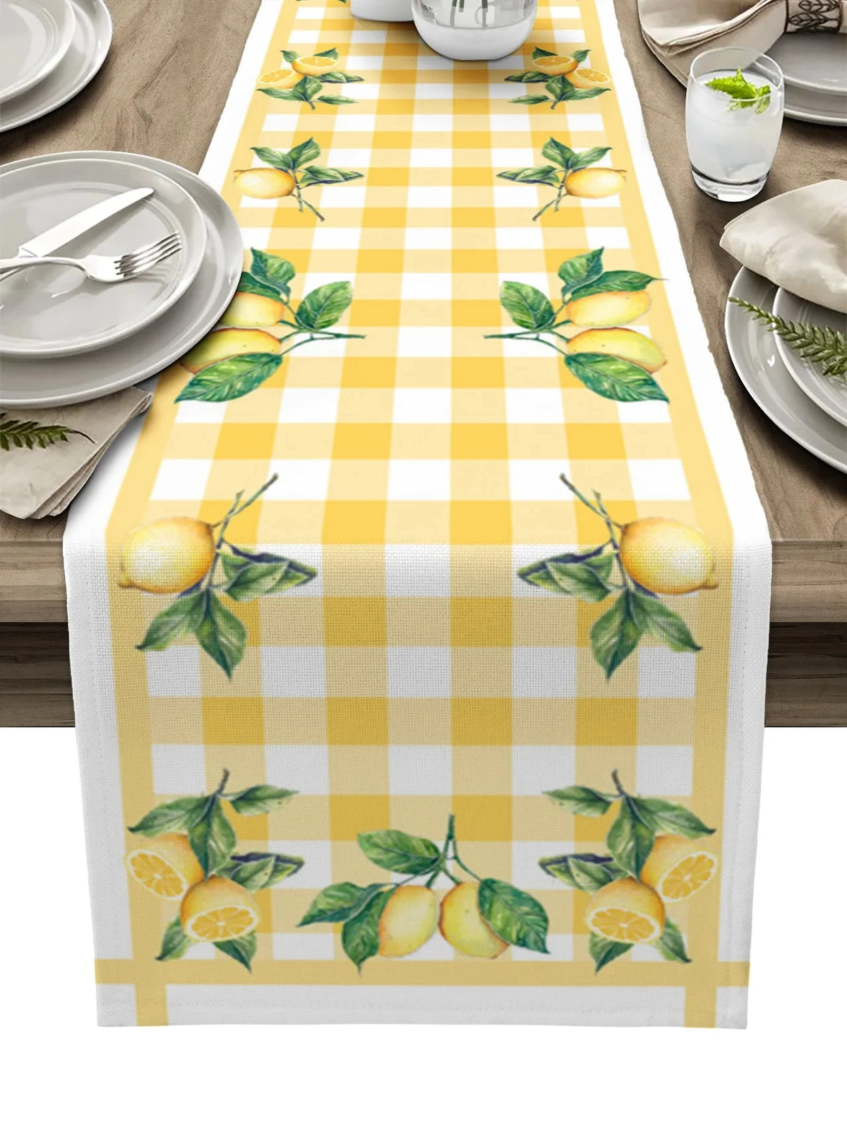 chinois plaid lin motif carreaux citron feuilles jaune blanc decoration table salle manger cuisine