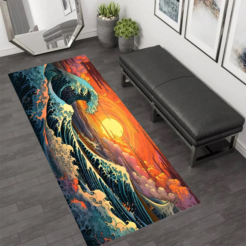 tapis moderne rose blanc bleu fleurs cerisier ondes art japonais salon chambreextérieur