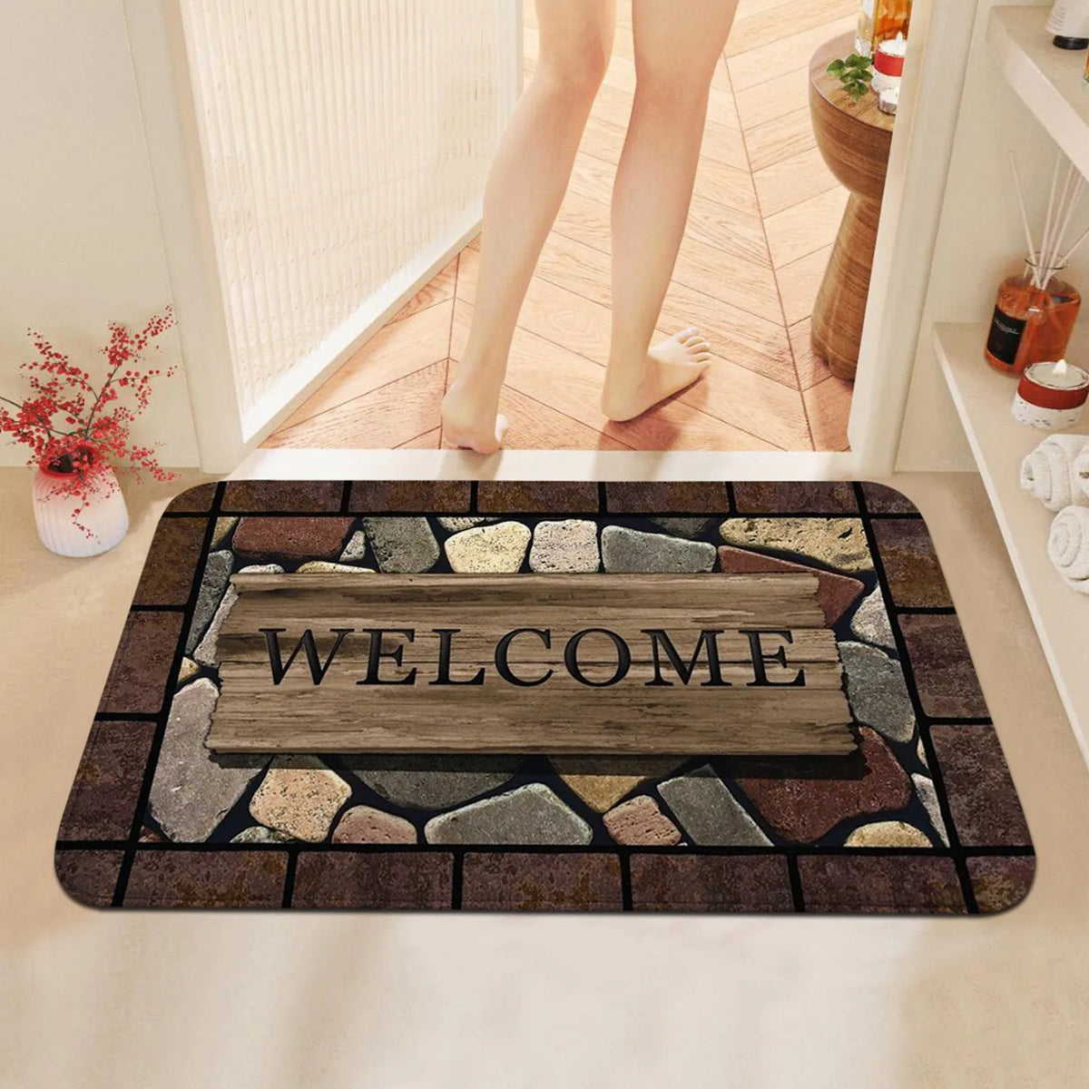 tapis sol marron imitation pierre bois bienvenue antidérapant rustique chaleureux