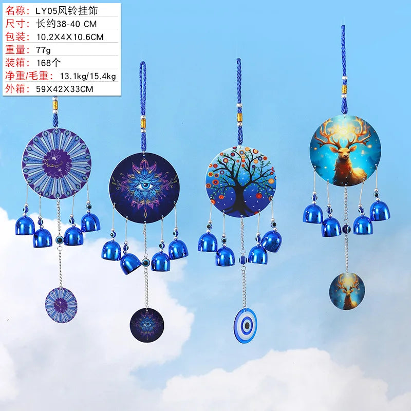 pendant ethnique attrape rêves œil bleu argenté clochettes métal maison jardinextérieur