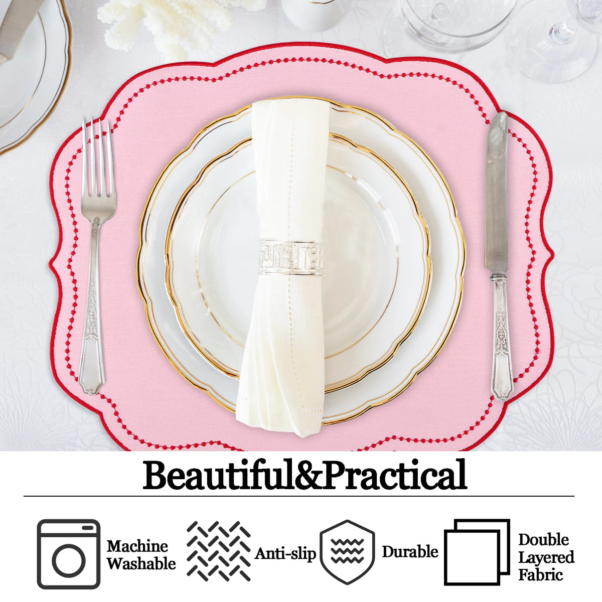 serviettes table rose vert beige scalloped bordure pointillé blanc opaques classiques table manger