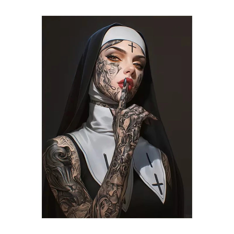 Toile d'art moderne nonne tatouée contemporaine sans cadre maison salon chambre