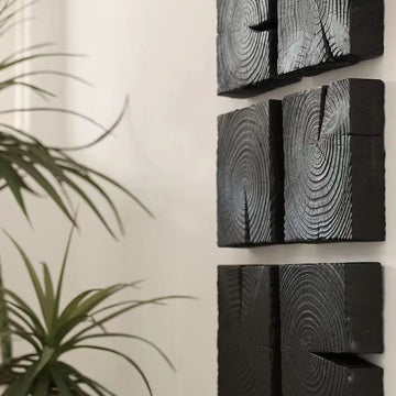 décoration murale blocs bois carbonisés wabi sabi rustique naturel tranches bois opaque