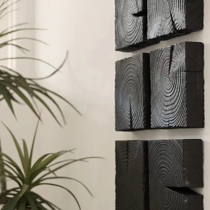 décoration murale blocs bois carbonisés wabi sabi rustique naturel tranches bois opaque