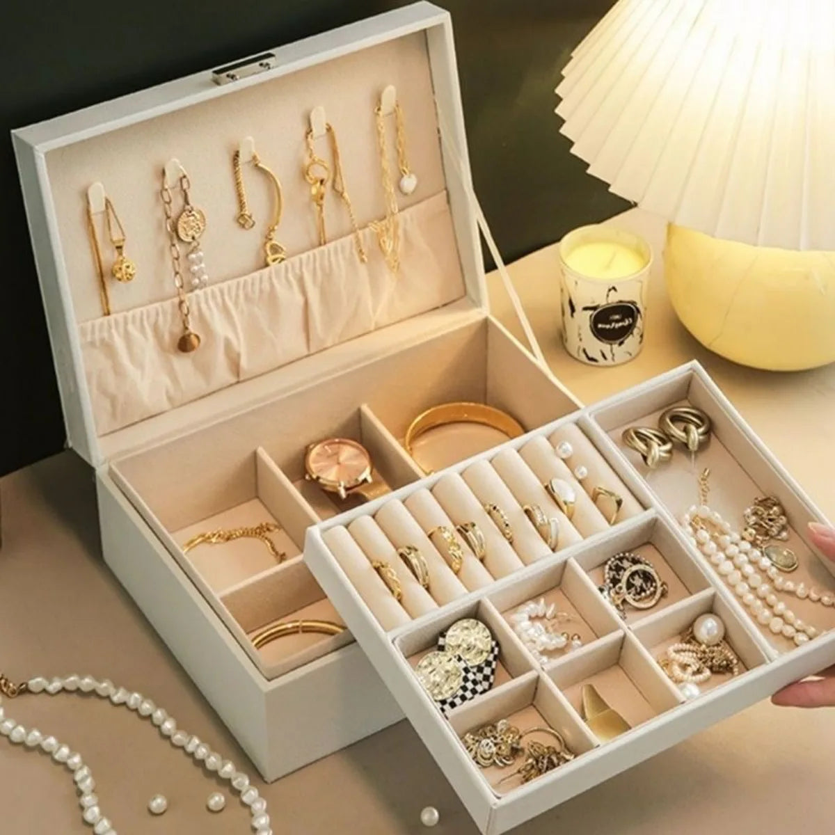 boîte bijoux simili cuir portable miroir moderne élégante poignées métalliques compartiments
