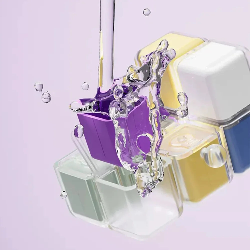 cube rangement médicaments violet blanc vert jaune moderne compartiments cordelette portable organisation