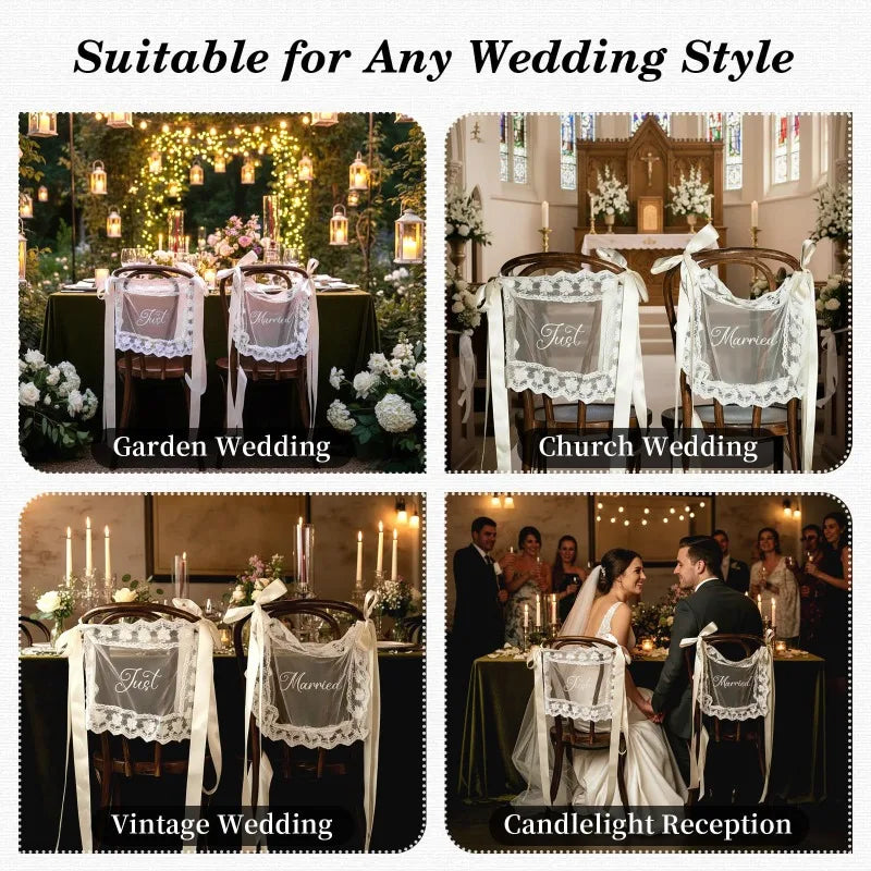 décoration mariage just married rubans satin dentelle romantique vintage chaise anniversaire festivitésscrição