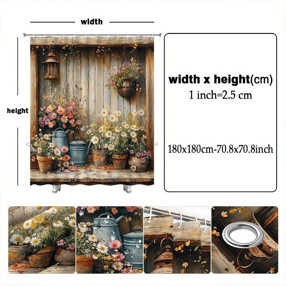 rideau douche rustique fleurs pots lanterne bois multicolore crochets moderne