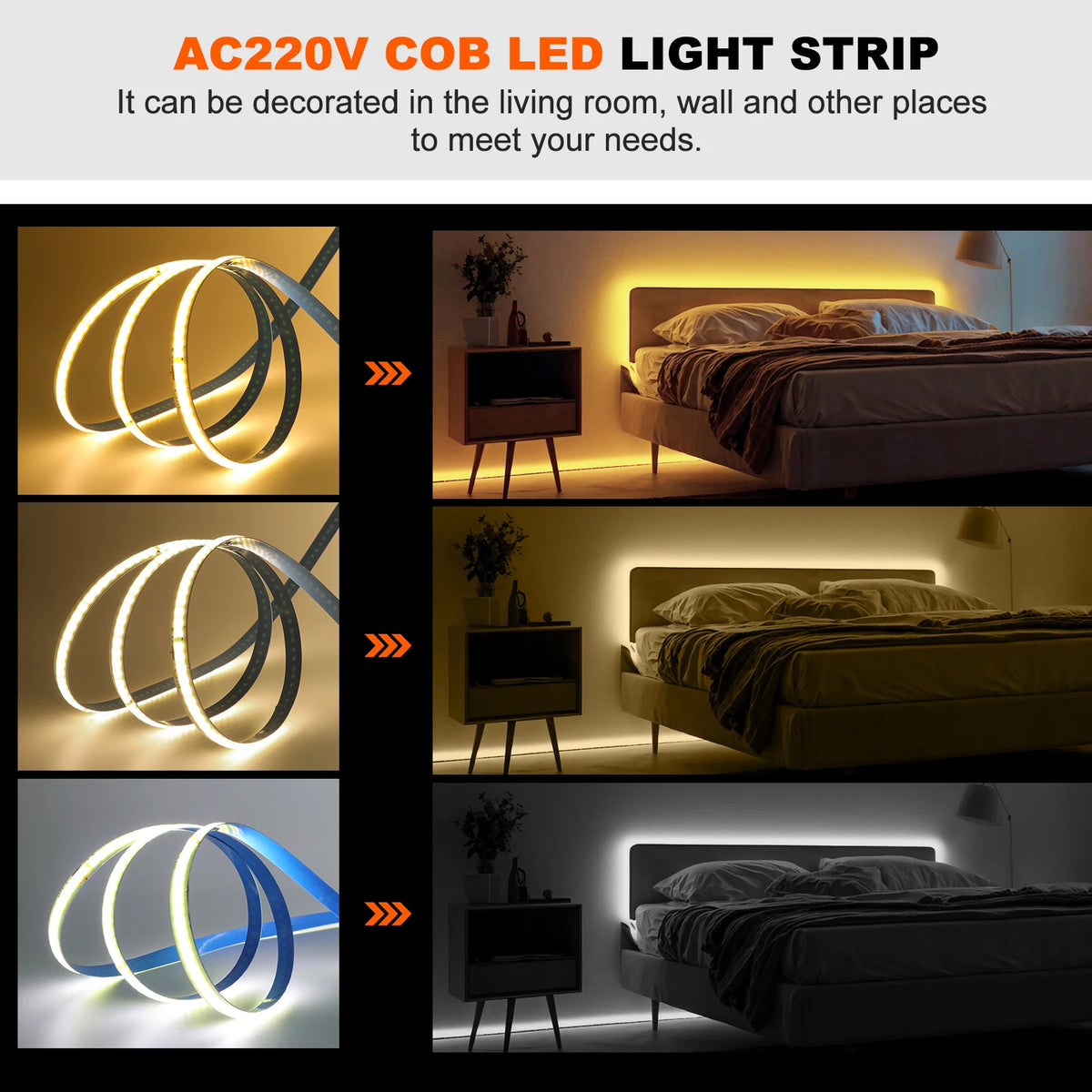 ruban led cob jaune bleu 3000k 4000k 6000k 240leds adhésif moderne chambre