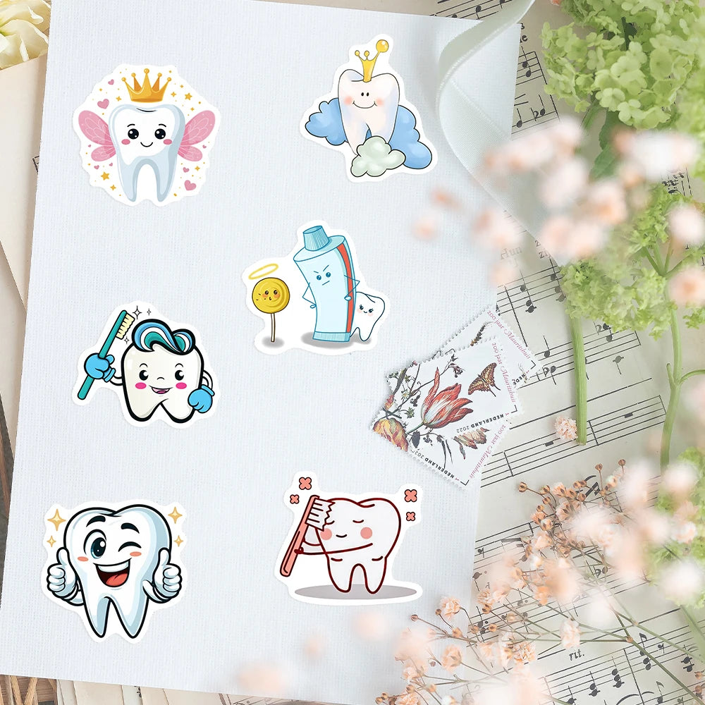 stickers adhésifs dentaires mignons vinyle waterproof dessin animé blanc bleu rose jaune vert gris