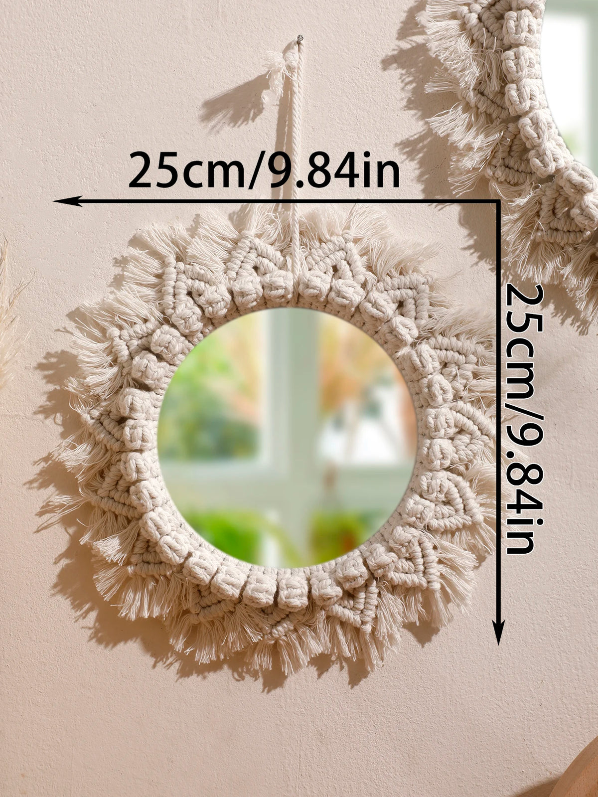 miroir boho macramé franges chambre salon décoration murale artisanale blanc beige