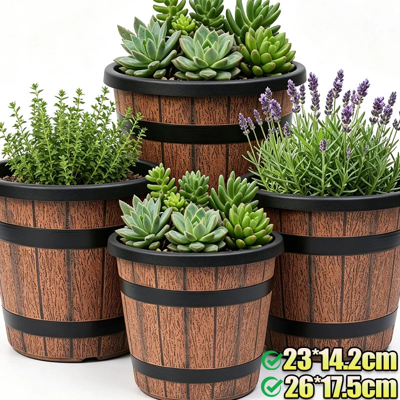 pots fleurs imitation bois forme baril rustique couleur marron bandes noires plantation fleurs succulentes