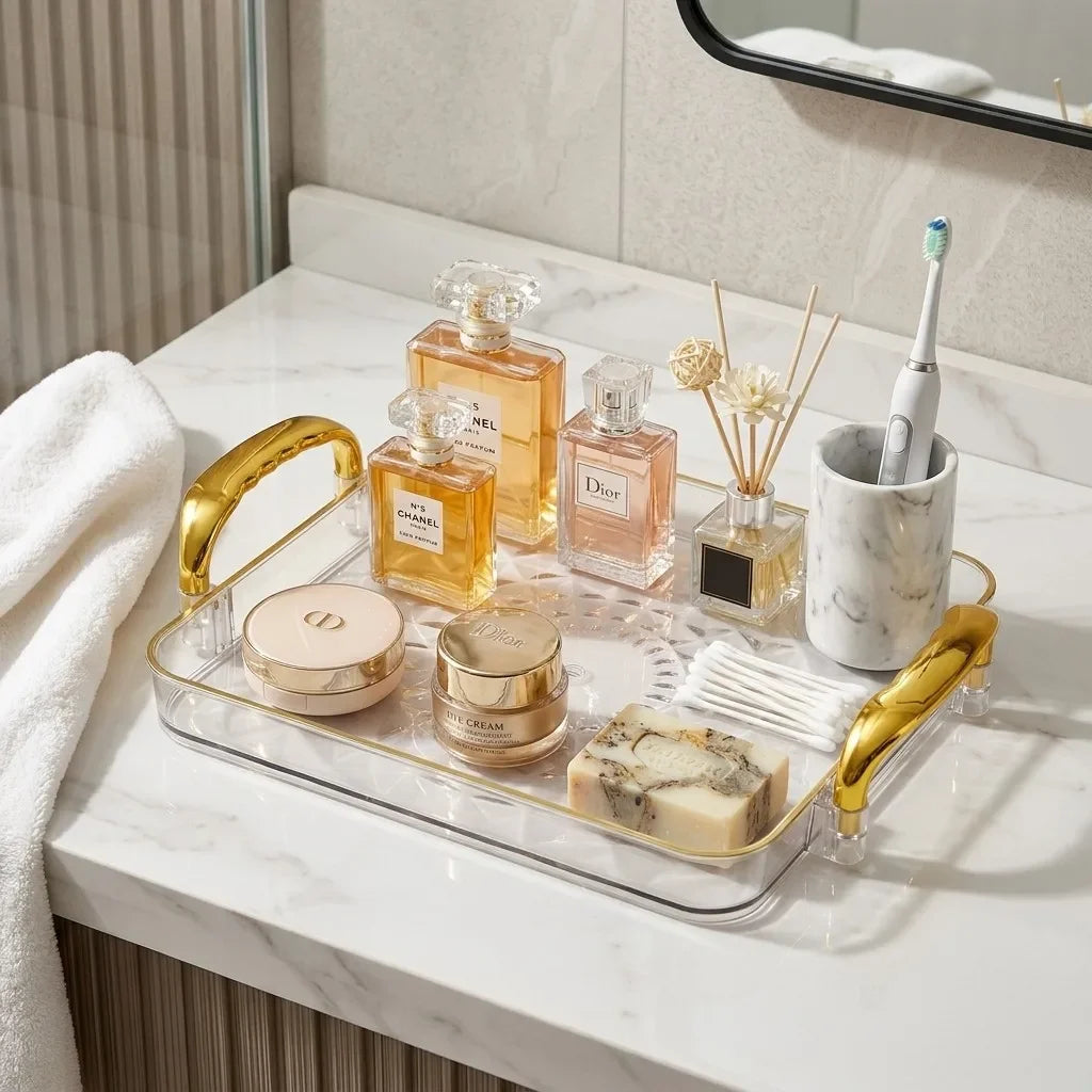 plateau rangement cosmétique transparent texture diamant moderne élégant poignées dorées poudre rouge crème parfum