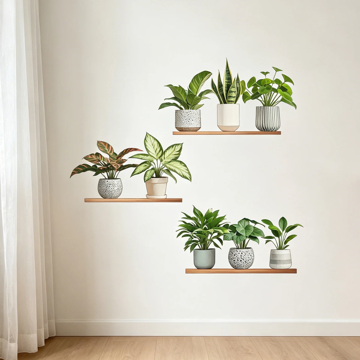 stickers muraux étagères plantes pots bois naturel minimaliste gris blanc modernes
