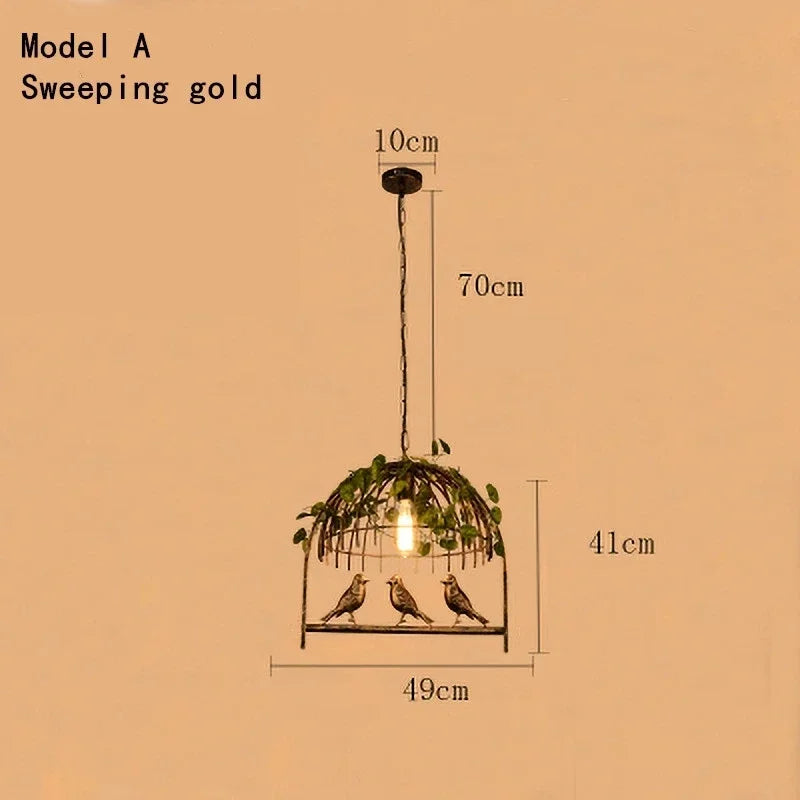suspension lumineuse vintage oiseaux métal feuilles vert ampoules noir doré rustique