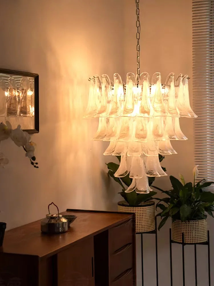 Suspension lumineuse moderne verre blanc translucide chaîne organique 50cm 60cm 80cm lumière froide naturelle