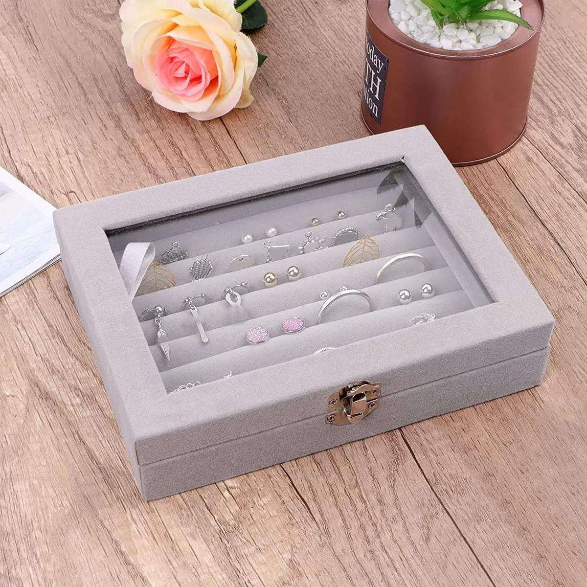 boîte bijoux velours gris moderne cadenas rangement bague boucle d'oreille portable commercial domestique