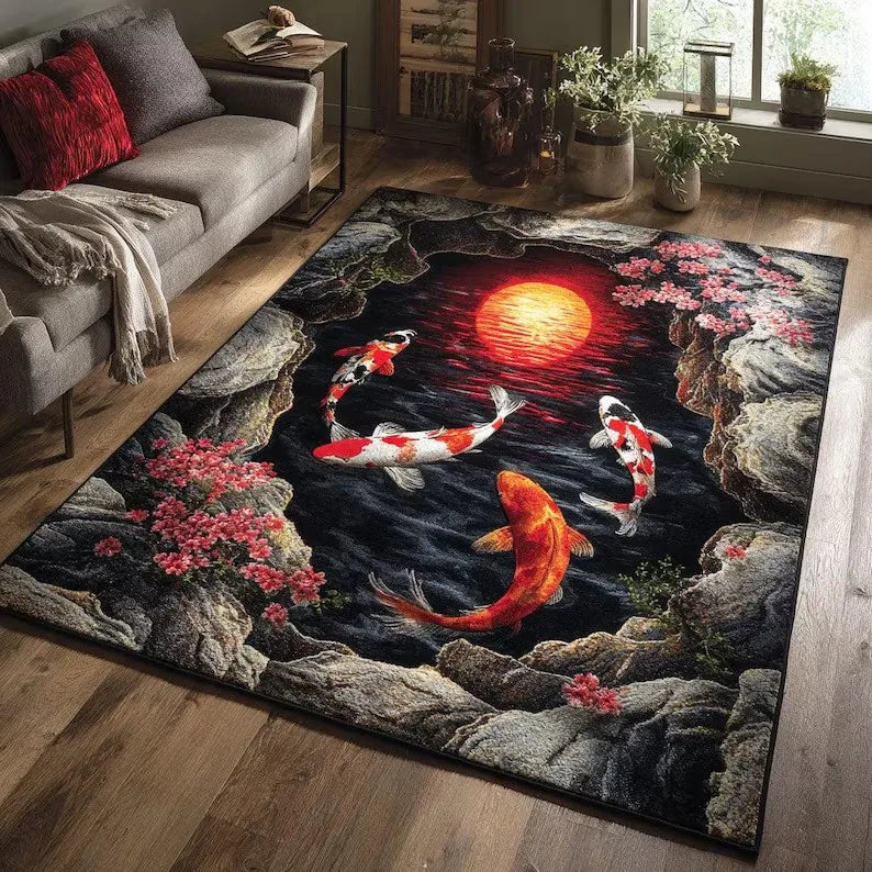 tapis salon décoratif motif carpe koï paysage zen moderne bleu vert intérieur maison