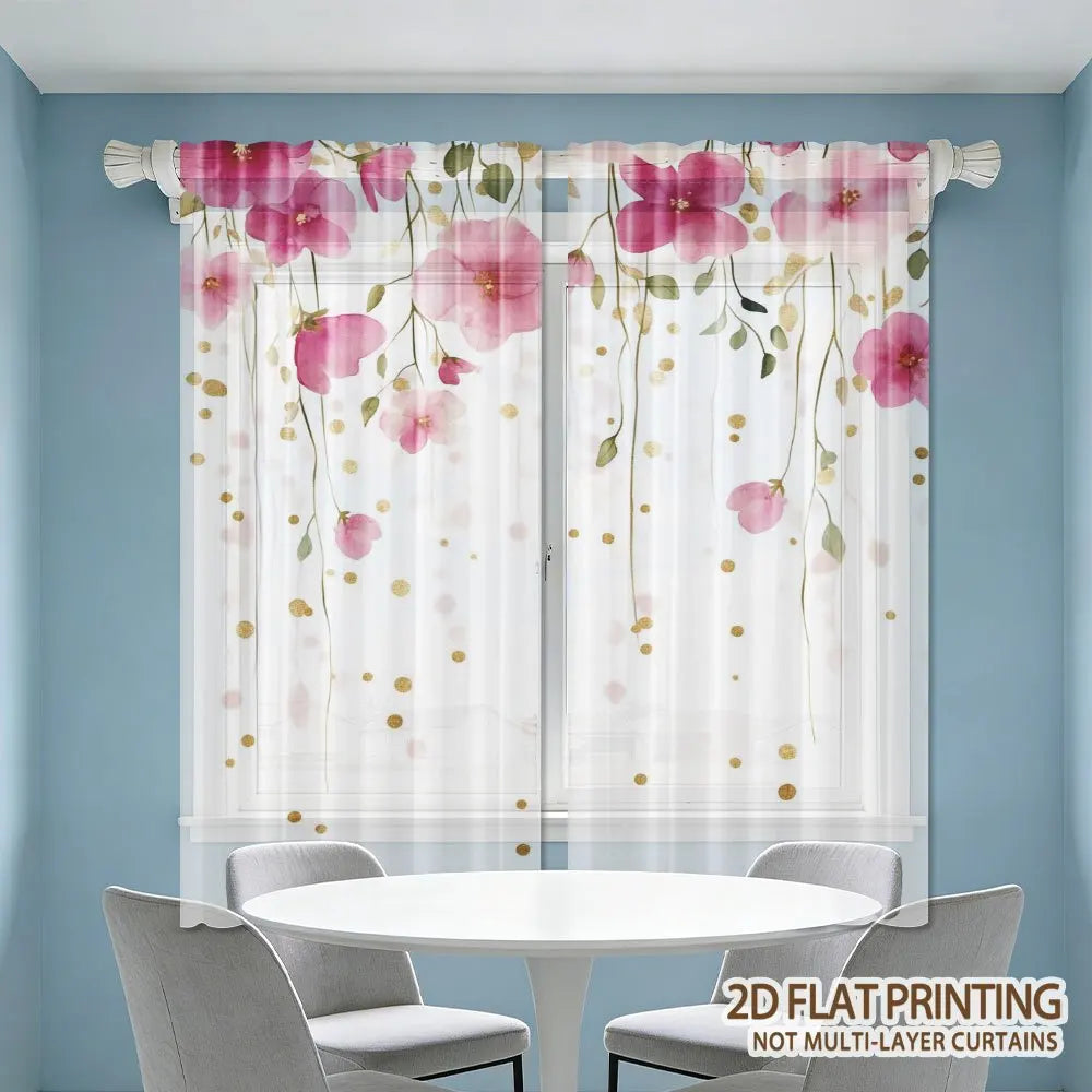 rideau transparent floral rose feuilles vertes moderne blanc doré maison
