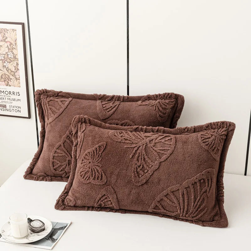 taies d'oreiller jacquard papillons brodés gris bleu rose vert beige violet modernes lit hiver