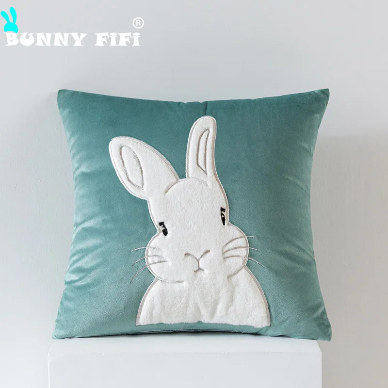 coussin gris clair motif lapin blanc mignon fermeture glissière ultra doux polyester coton jacquard