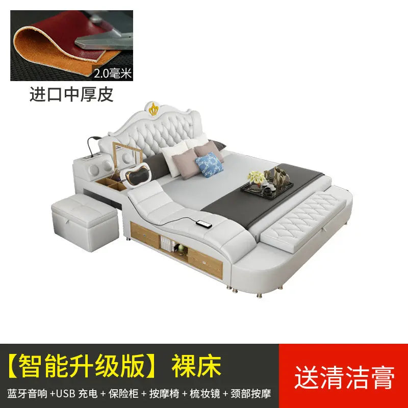lit multifonctionnel moderne blanc gris oreillers coussins simili cuir rangement sous lit tablette intégrée