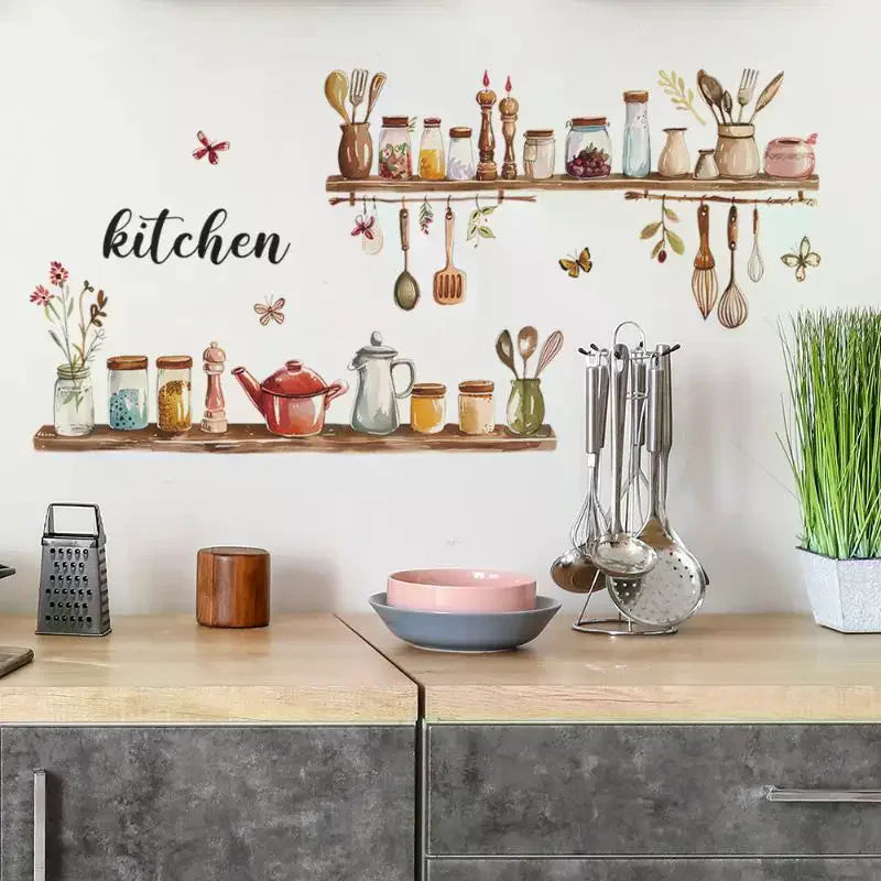décoration murale sticker cuisine étagères bocaux ustensiles fleurs papillons aquarelle rustique