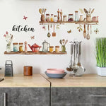 décoration murale sticker cuisine étagères bocaux ustensiles fleurs papillons aquarelle rustique