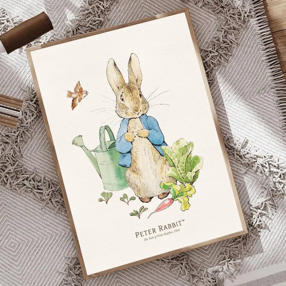 affiche décoration murale peter rabbit illustration vintage cadre bois salon décoration intérieureOpaque beige vert