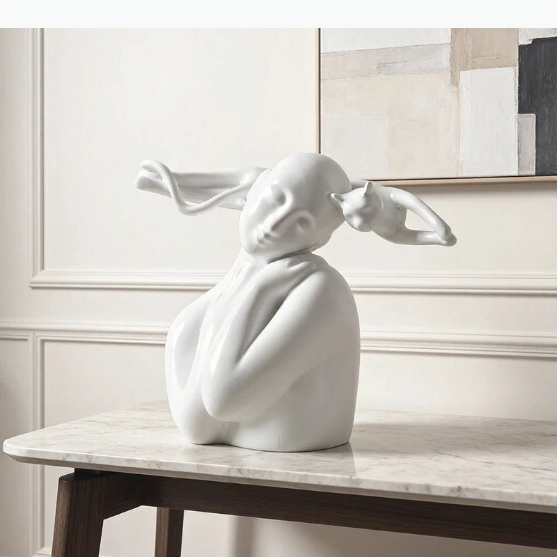 statue blanche moderne fille chat décoration chambre abstraite résine esthétique ornement sculptural