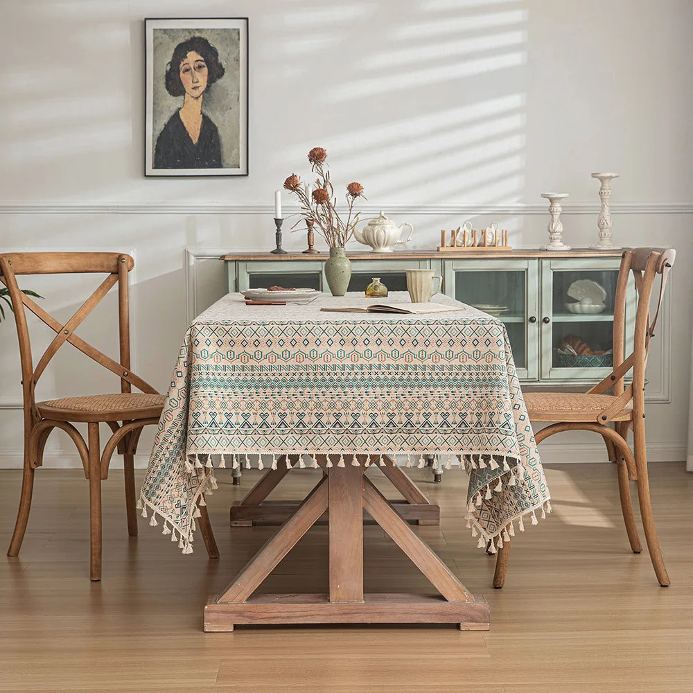 Nappe table géométrique multicolore boho chic imperméable extérieur intérieur festive 140x180cm