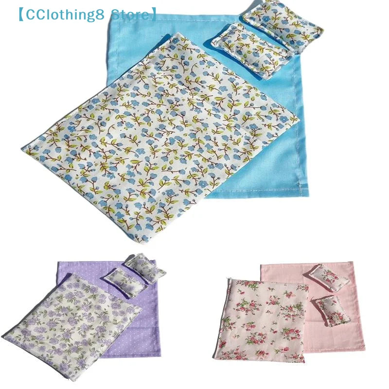 ensemble literie maison poupée 1/12 lit motifs floraux taies oreillers drap couverture vintage français