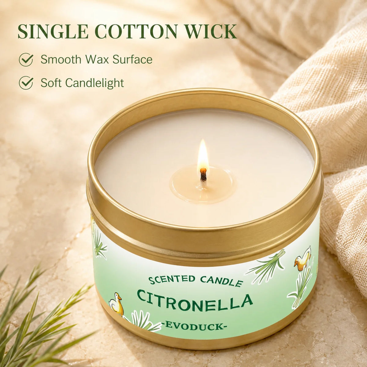 bougie parfumée citronnelle motif floral blanc vert clair contemporain coton boîte métallique patio jardin